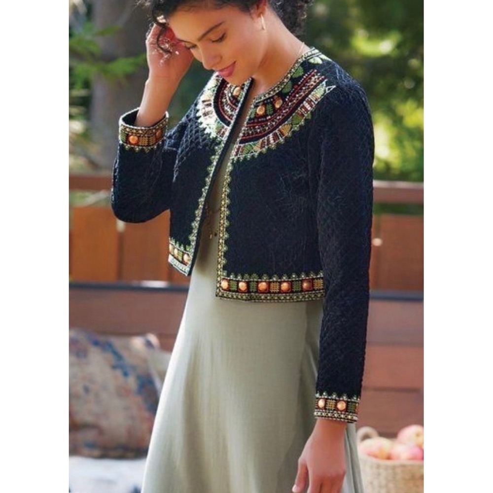 Soft Surroundings Quilted Velvet Bolero Jacket XS Beaded Embroidered Boho NEW!